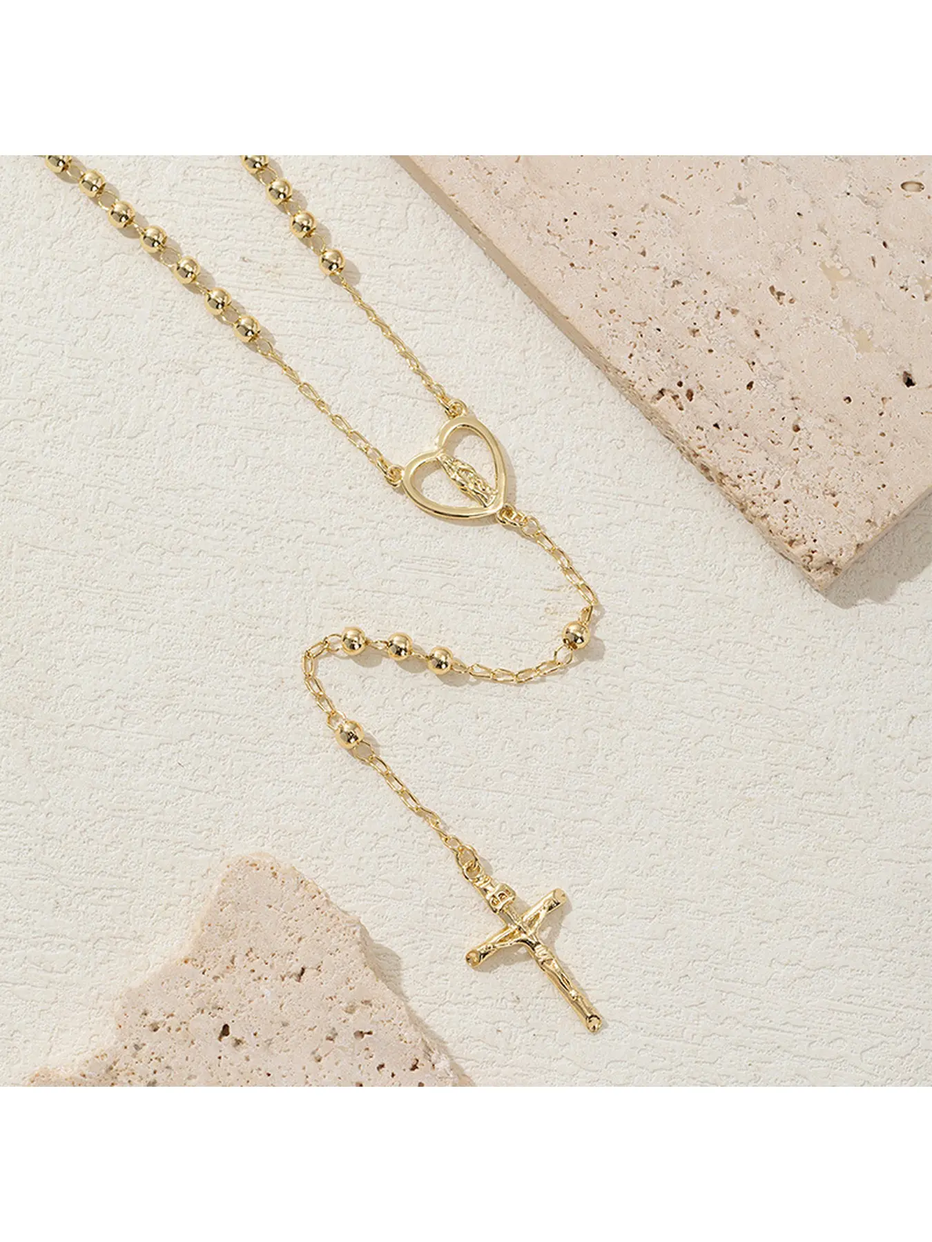 Gold Rosary Necklace - Heart Medal Crucifix Beaded Chain Religious Jewelry Gift for Women rosary necklace, gold rosary, heart necklace, crucifix necklace, virgin mary necklace, beaded necklace, religious jewelry, catholic jewelry, long necklace, gold cros