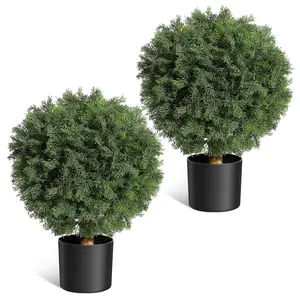 UV Resistant & Realistic | Artificial Cedar Topiary Ball Trees – 24 Inch Faux Shrubs in Black Pots – Indoor Outdoor Home Garden Decor – 2 Pack