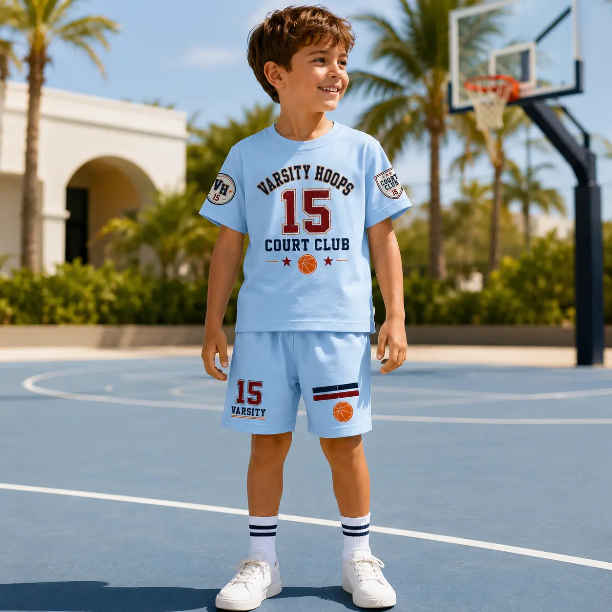 Kids Basketball Outfit Set, Varsity Hoops 15 Court Club Shirt and Shorts, Boys Girls Light Blue Two Piece Sportswear, Youth Basketball Uniform, Play To Win Graphic Activewear, Toddler Summer School Vacation Clothes Gift for Children Basketball Fans