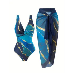 Marble Print Elegant 2 Piece Swimsuits, V Neck High Stretch One-piece Bathing-suit & Cover Up Sarong Skirt, Women's Swimwear Clothing