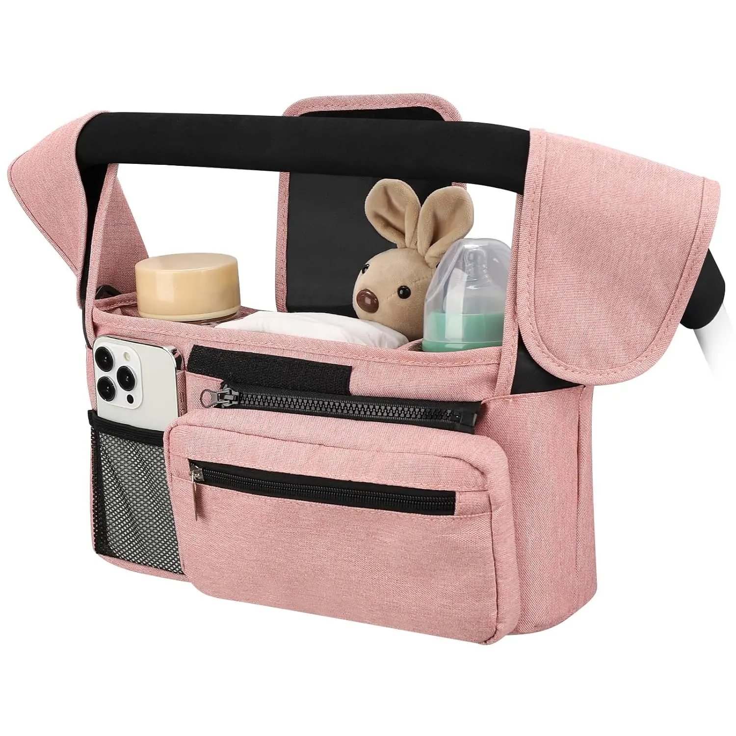Stroller Organizer with Insulated Cup Holder, Detachable Phone Bag & Shoulder Strap, Multi-Pocket Baby Stroller Caddy Parent Console, Fits Most Uppababy, Baby Jogger, Britax, BOB & Umbrella Strollers