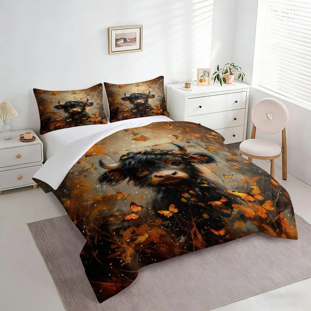 2/3Pcs Cute Highland Cow Butterfly Comforter Set, Fall Autumn Bedding Set, Whimsical Farmhouse Quilt for Kids & Teens, Soft Lightweight Bedspread with Pillowcase for Bedroom Home Decor No Pillow Core