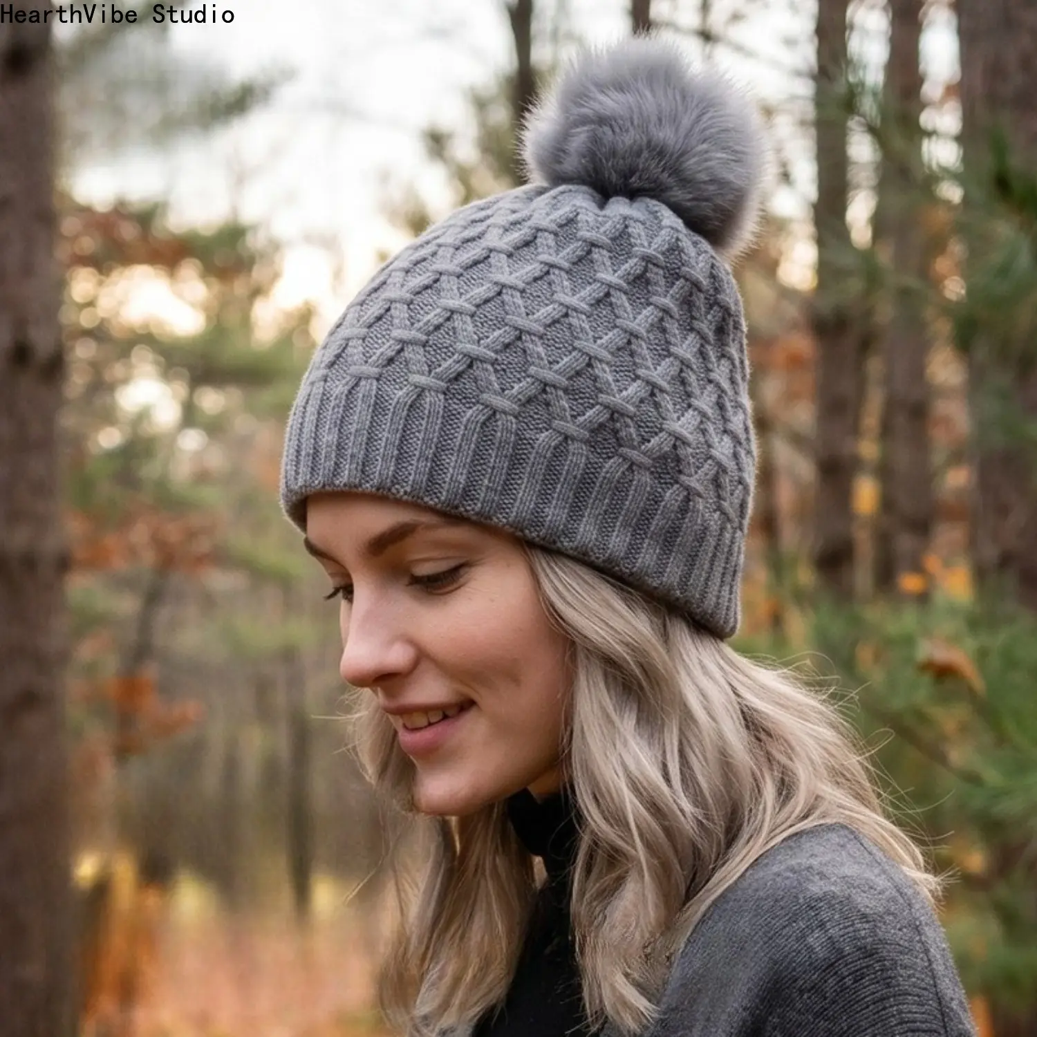 Women's Winter Sports Outdoor Waffle Knit Beanie Hat - Faux Fur Pom Pom, Thick Lattice, Soft Warm Cuffed Cap, Heather Grey Cold Weather Headwear