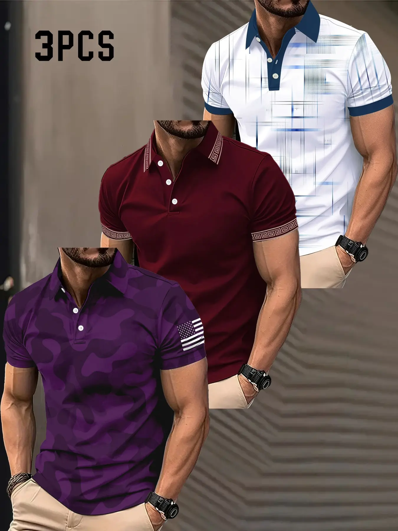 Men's Three-Piece Casual Polo Shirts, Camouflage Sleeve Patches, Chinese Pattern Edges, Geometric Prints, Outdoor Leisure