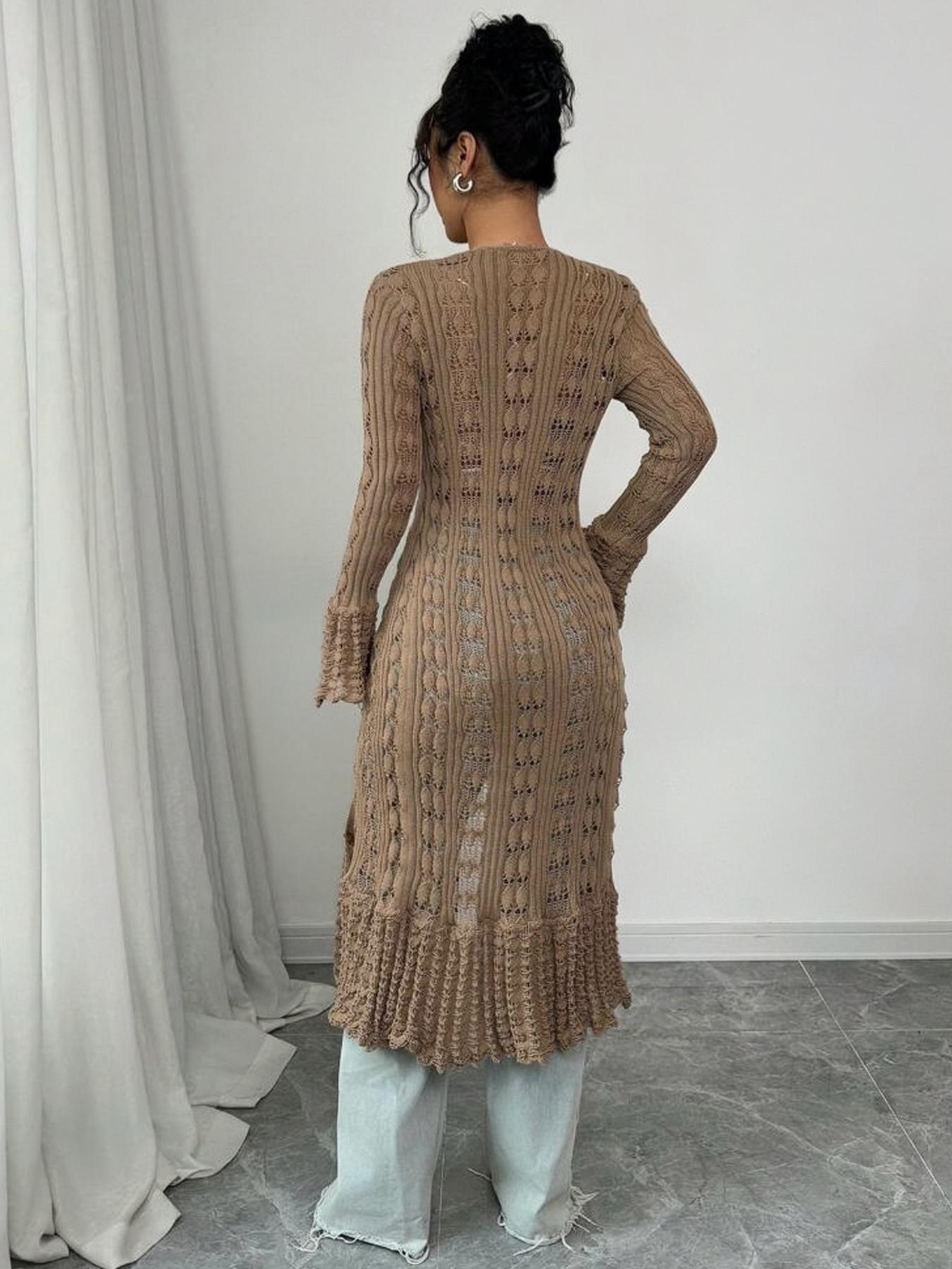 Women's Solid Color Long Sleeve Knitting Cardigan, Elegant Fashion Casual Fitted Tie Front Cardigan, Women Knitwear for Daily Outdoor Wear