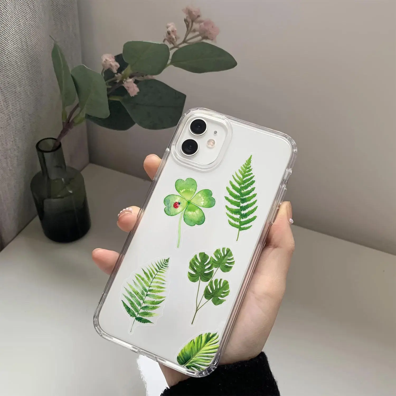 50Pcs Transparent PET Green Leaf/Flower Plant Stickers Notebook Tablet Phone Water Cup Decorative Stationery Sticker