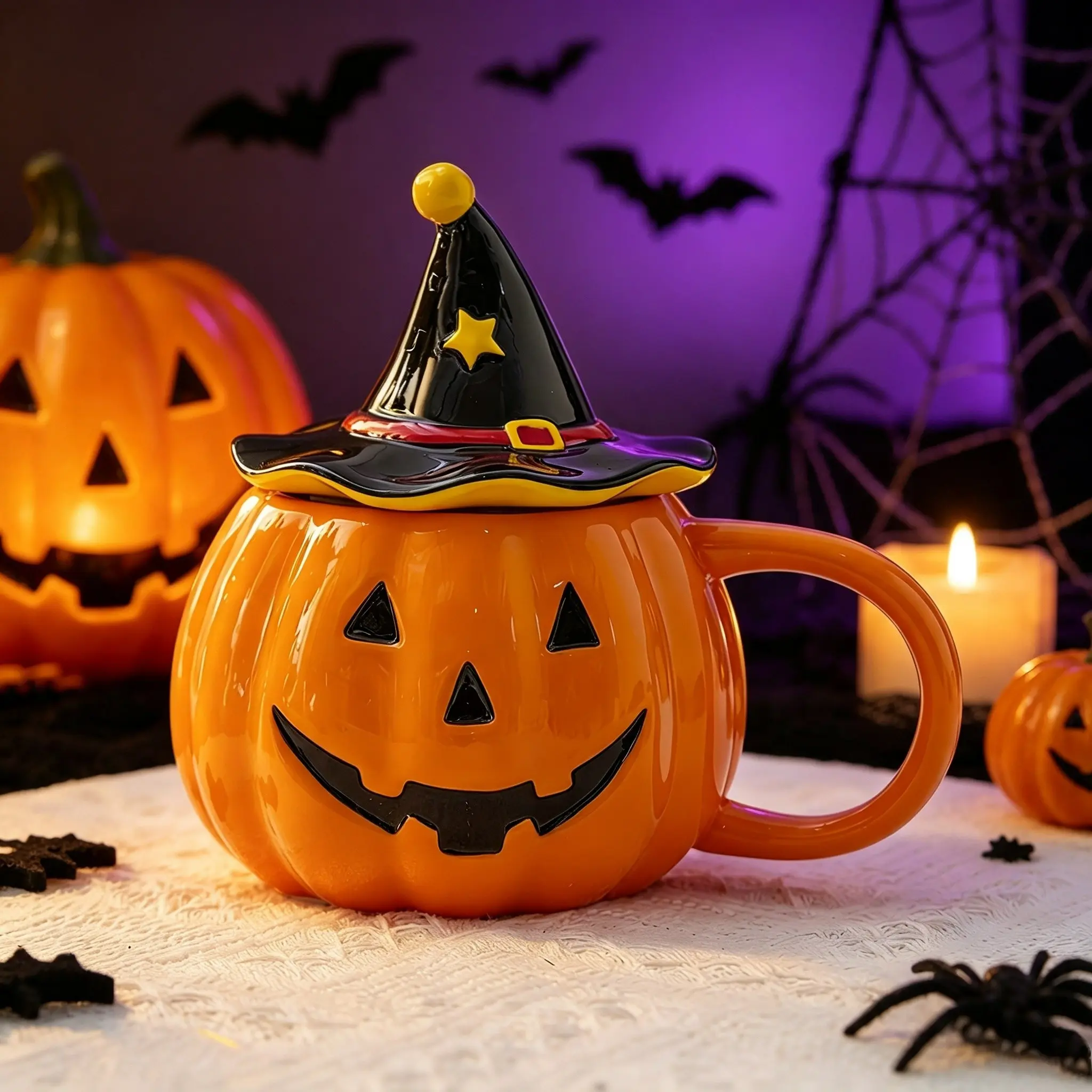 Halloween Pumpkin Witch Hat Mug with Lid, Cute Ceramic Coffee Cup, Novel 3D Jack O' Lantern Mug for Halloween Party Decor, Fun Holiday Gift