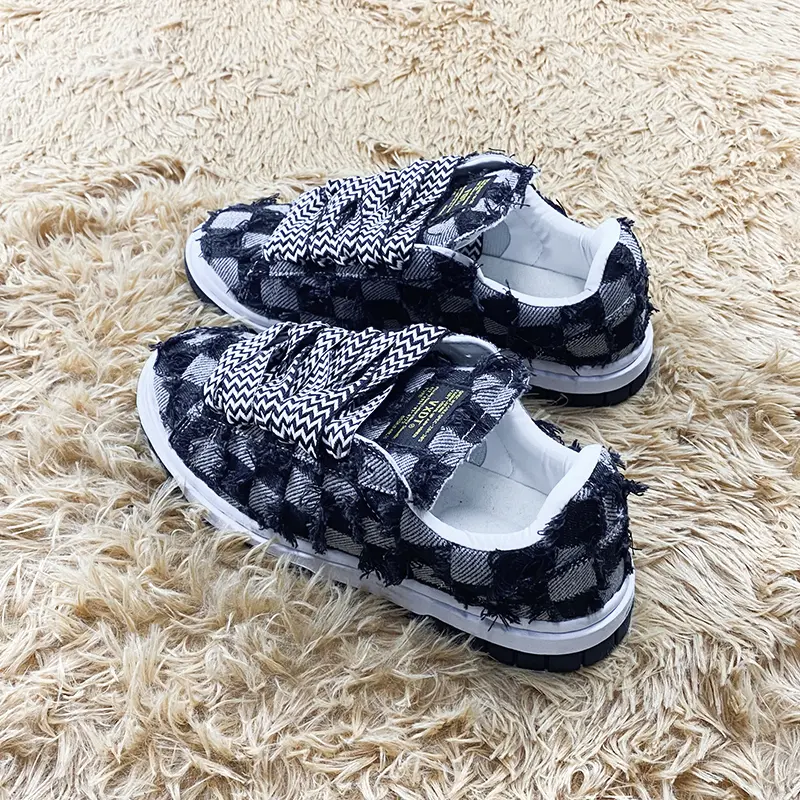 Black White Checkered Distressed Fringe Denim Platform Skate Sneakers for Men Women, Chevron Striped Wide Thick Laces Y2K Grunge Street Low Top Casual Board Shoes