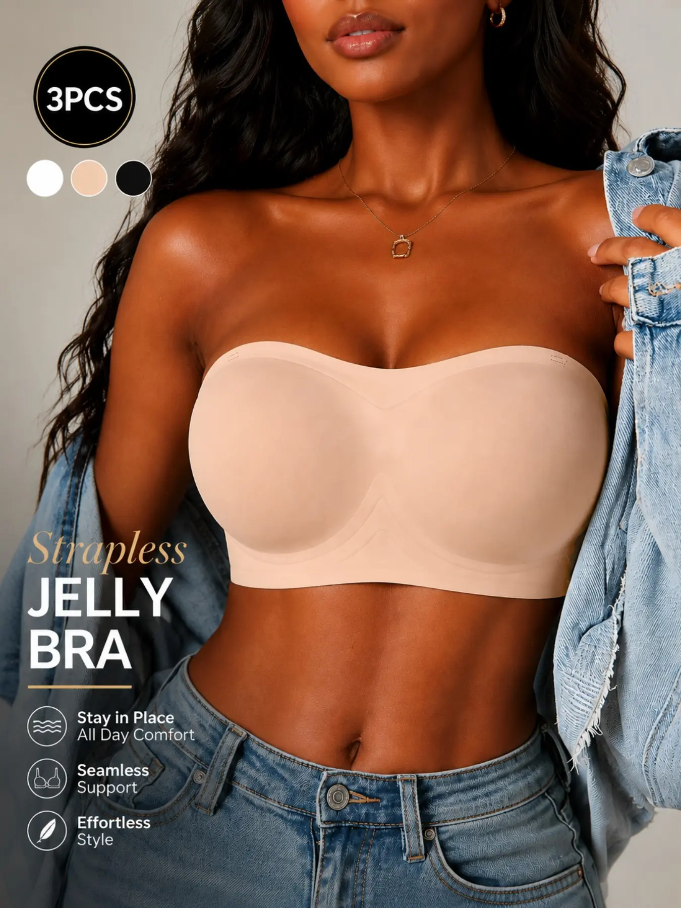 Women’s Jelly Strapless Bandeau Bra, Seamless Non-Slip Silicone Grip, Padded Wireless Bra for Dresses, Tops, Everyday Wear, 1/3 Pack
