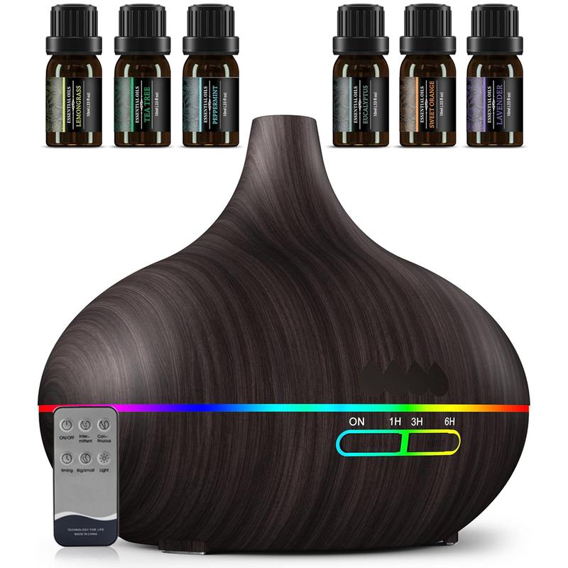 Oil Diffuser, 550ml Aromatherapy Diffuser with 6x10ml Included, 7x2 Colorful LED Night Light, 23dB Quiet BPA-Free Essential Oil Diffusers for Home, 16H Lasting, 4 Timers, Auto Off, Black humidifier air  purifier Lamp Diffuser with Cool Mist