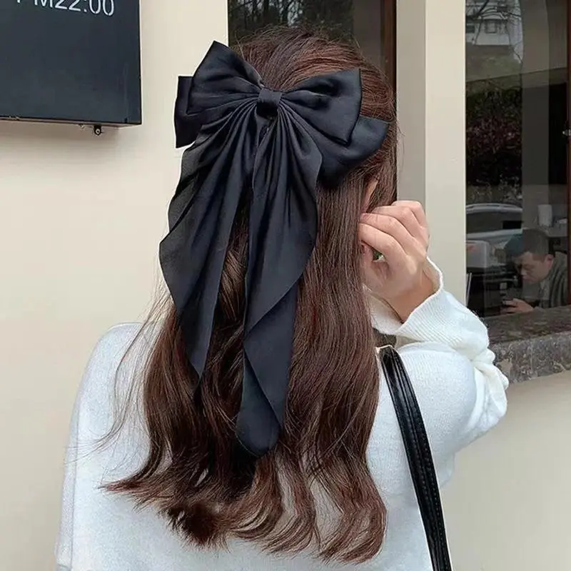 Women's Large Solid Color Satin Bow Ribbon Hair Clip - Coquette French Bow Barrette, Strong-Hold Bag Charm/Twillie for Ponytail/Half-Up Styles, Gifts for Girls, Coquette Bow, Gifts Girls