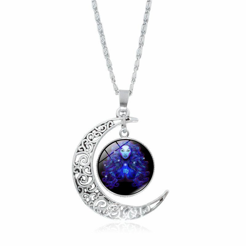 12 Constellation Necklace, Zodiac Moon Glass Gemstone Pendant, European & American Fashion Jewelry