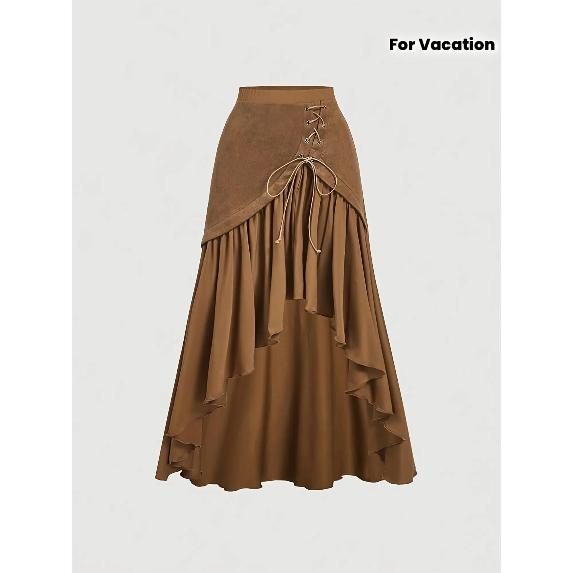 Asymmetrical Hem Wrap Tie Camel Brown Bohemian Skirt, Women'S Western Wear, Women'S Vacation Wear, Women'S Hippie Western Clothing, Brown Ruffle Skirt