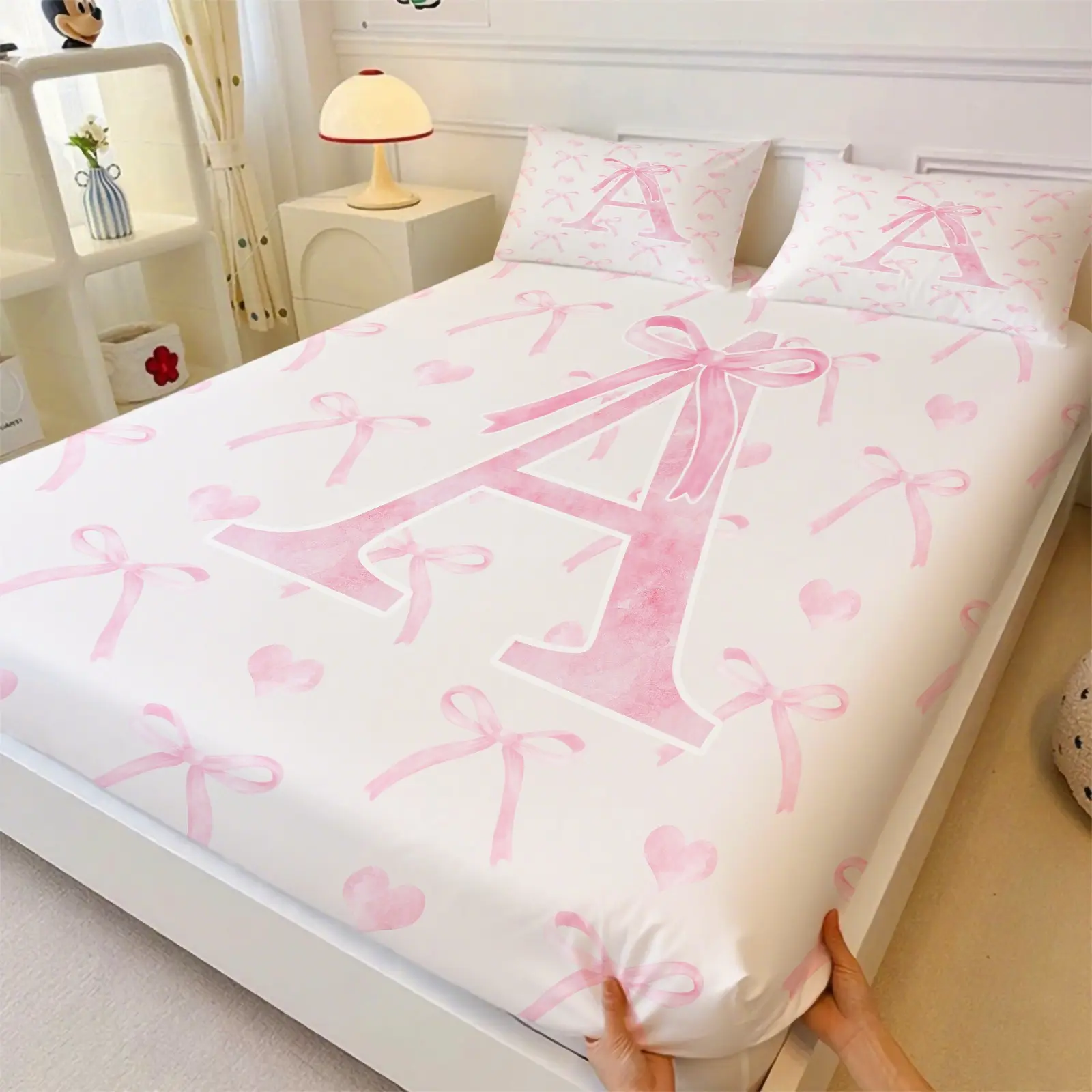 3Pcs Personalized Initial A-Z Fitted Sheet Set, Pink Bow & Heart Print Bed Sheet Set, Cute Coquette Girly Bedding Set with Pillowcases, Deep Pocket No Fillers Bed Cover for Teen Girls Kids Bedroom Decor