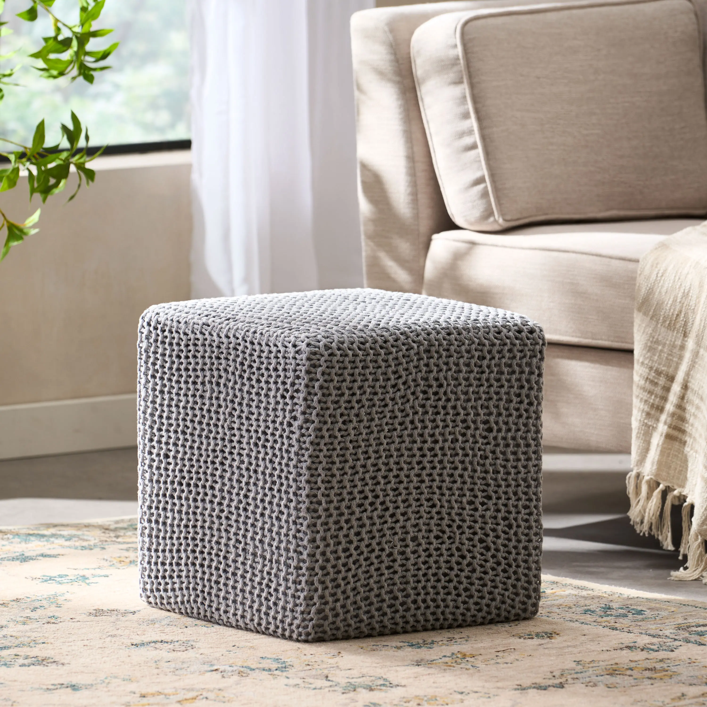 Nokaa Knitted Foot Stool for Living Room, Soft Cotton Ottoman Footrest, Small Footstool for Bedroom, Comfy Accent Stool for Couch, Light Grey, Home Furniture