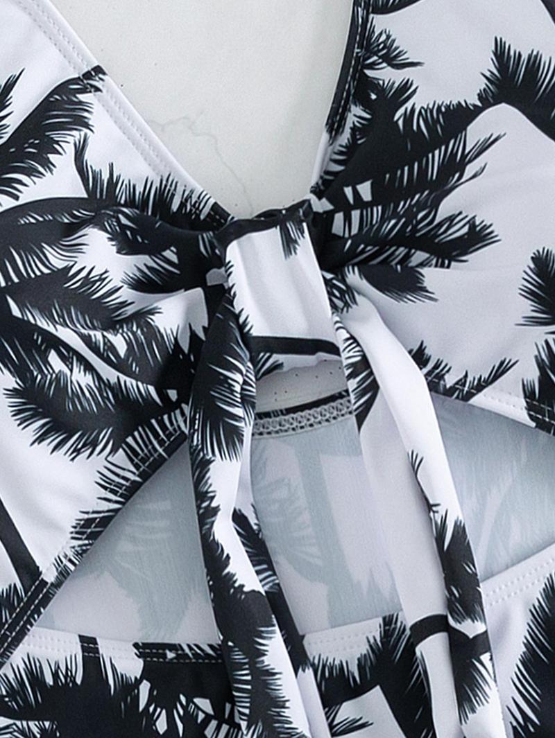 Women's Summer Beach Palm Tree Print Knot Front One Piece Swimsuit High Waisted Bathing Suit, Plants Print Swimsuit, Leaf Print Swimsuit