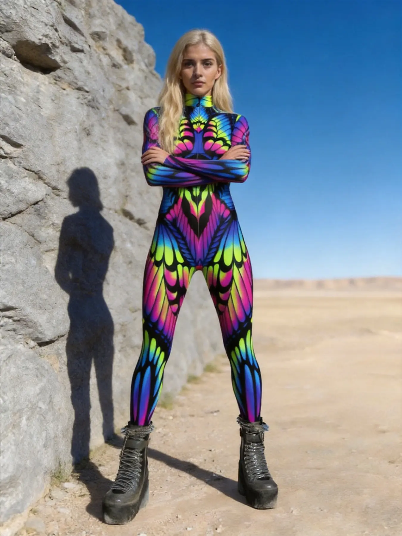 Women's Tight Sexy Statement Bodysuit, Y2K Cyberpunk Fashion Style, Rainbow Butterfly Print, Glow-In-The-Dark Party Costume, Halloween Festival