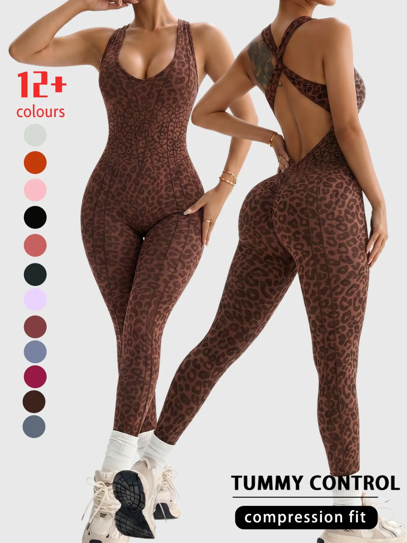 Leopard Print Seamless Yoga Jumpsuit, Stretch Jumpsuit, High Waist Butt Lifting Slim Fit, Cross Shoulder Straps, Running Fitness Outdoor Wear for Women, Fit Jumpsuits, Tight Yoga Jumpsuit, Yoga Workout Jumpsuit, Sporty Yoga Jumpsuit, Sports Jumpsuit