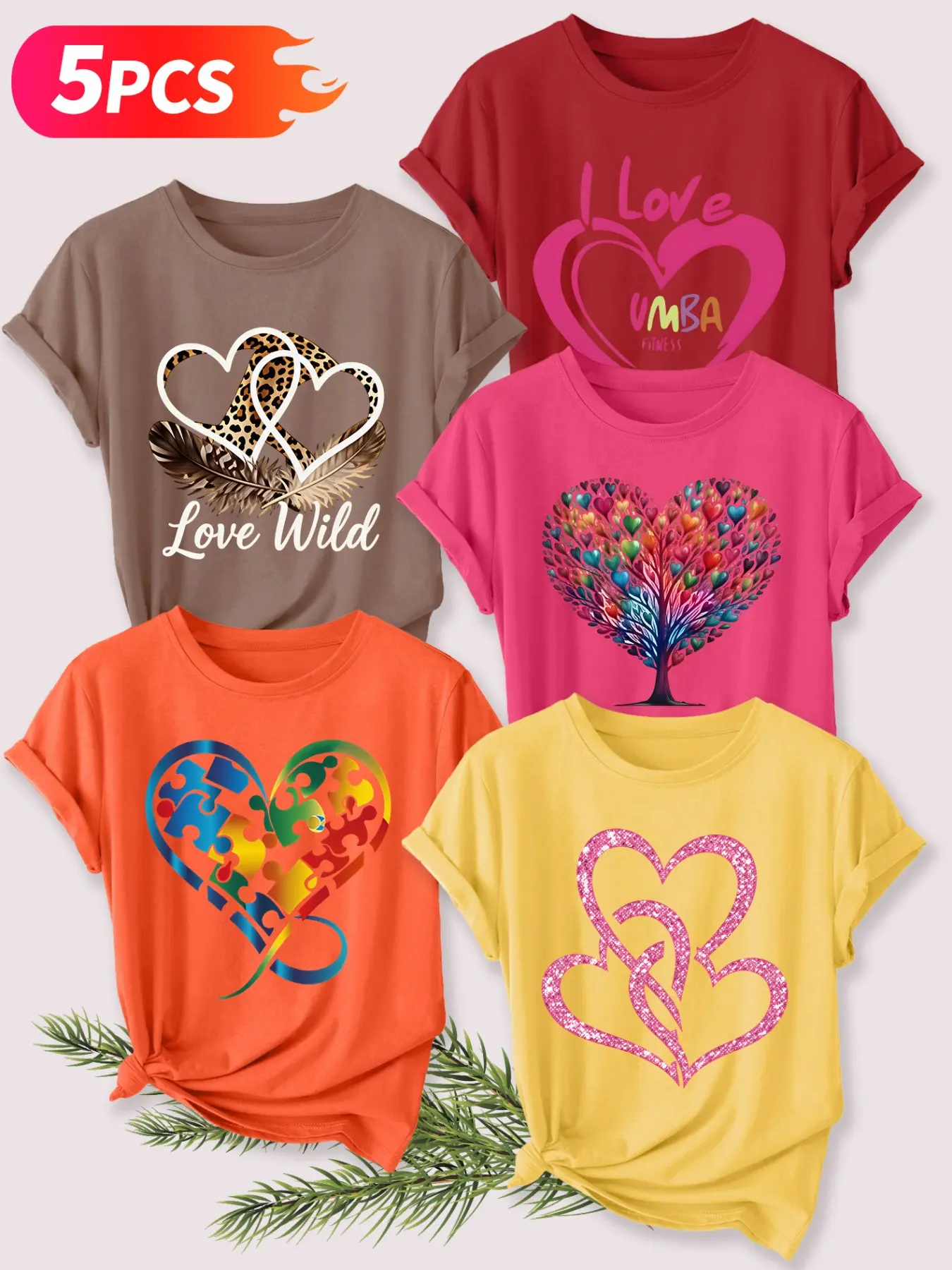 5Pcs Women Crew Tee, Leopard Puzzle Gradient Heart Romantic Print, multi-color washable spring summer tee