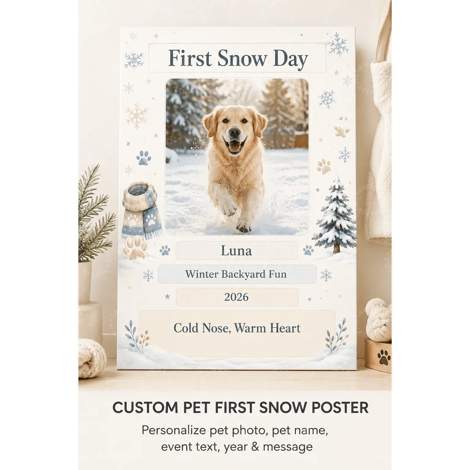 Custom Pet First Snow Day Poster, Personalized Winter Dog Photo Wall Art, Snowflake Puppy Keepsake, Pet Lover Gift, Bedroom Wall Art, Living Room Decor, Aesthetic Poster
