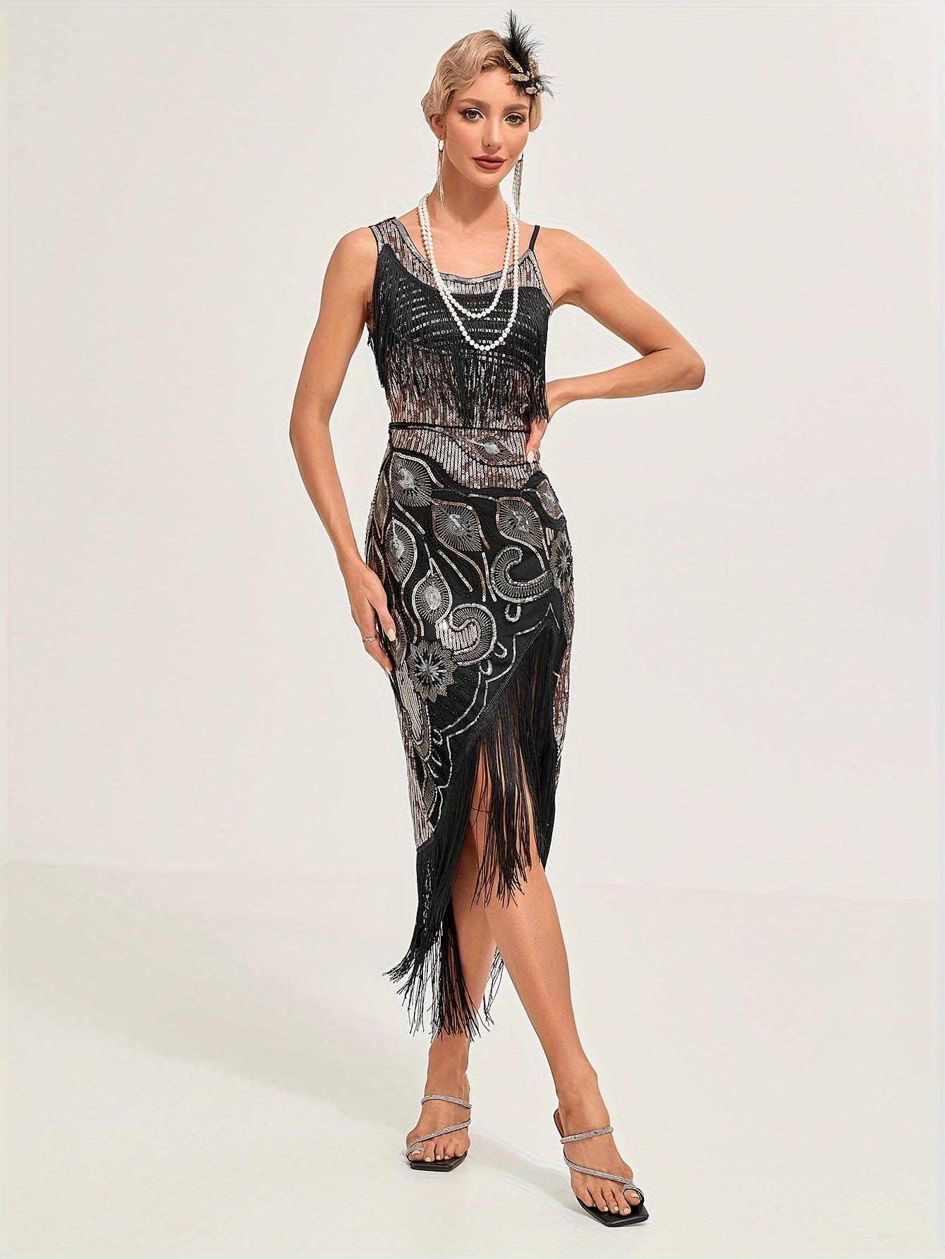 Sequined Fringe Hem Flapper Dress, Vintage Sleeveless Bodycon Dress For Party & Banquet, Women's Clothing