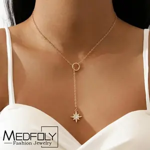 MEDFOLY Boho Lariat Y Necklace for Women 14K Gold Plated Rhinestone Cz Hexagram Pendant Necklace Summer Jewelry Gifts