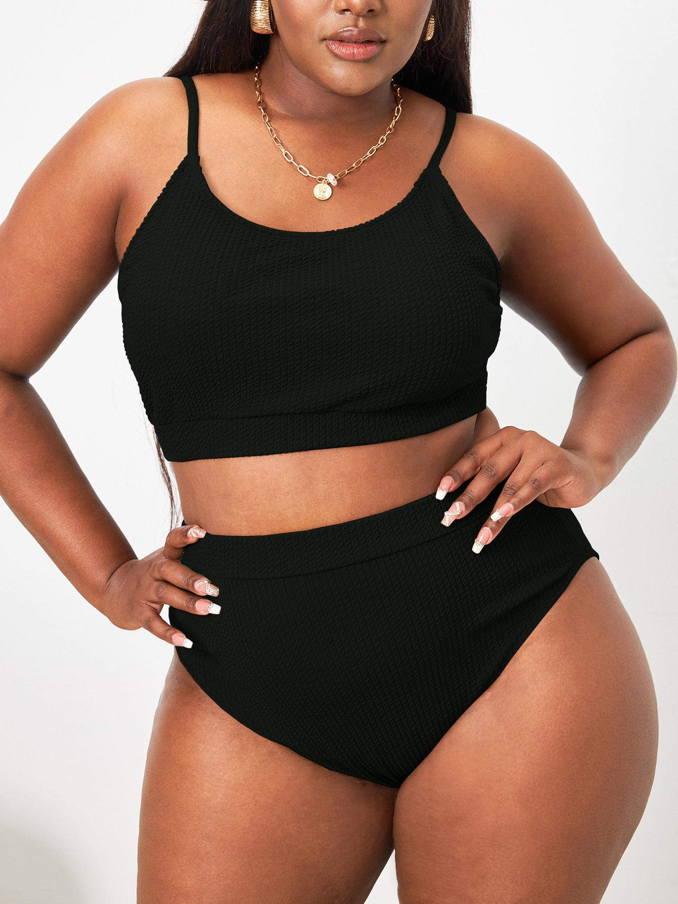 [Plus Size] Plain Ribbed Swimsuits, Casual Spaghetti Strap Cami Swim Top & High Waist Swim Bottom Bikini Sets for Summer, Swimsuit for Women, Women's Swimwear for Beach Holiday, Tankini Outfit, High Waisted Swimsuit, Swim Tankini Tops