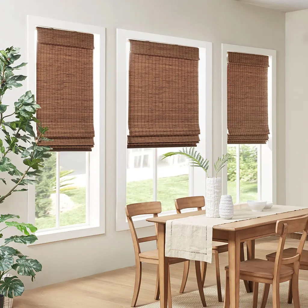 Nokaa Bamboo Roman Shade Light Filtering Window Blind 64 Inch Length Natural Woven Roll Up Curtain for Living Room Bedroom Kitchen Home Decor Privacy Sun Protection, Teak Color