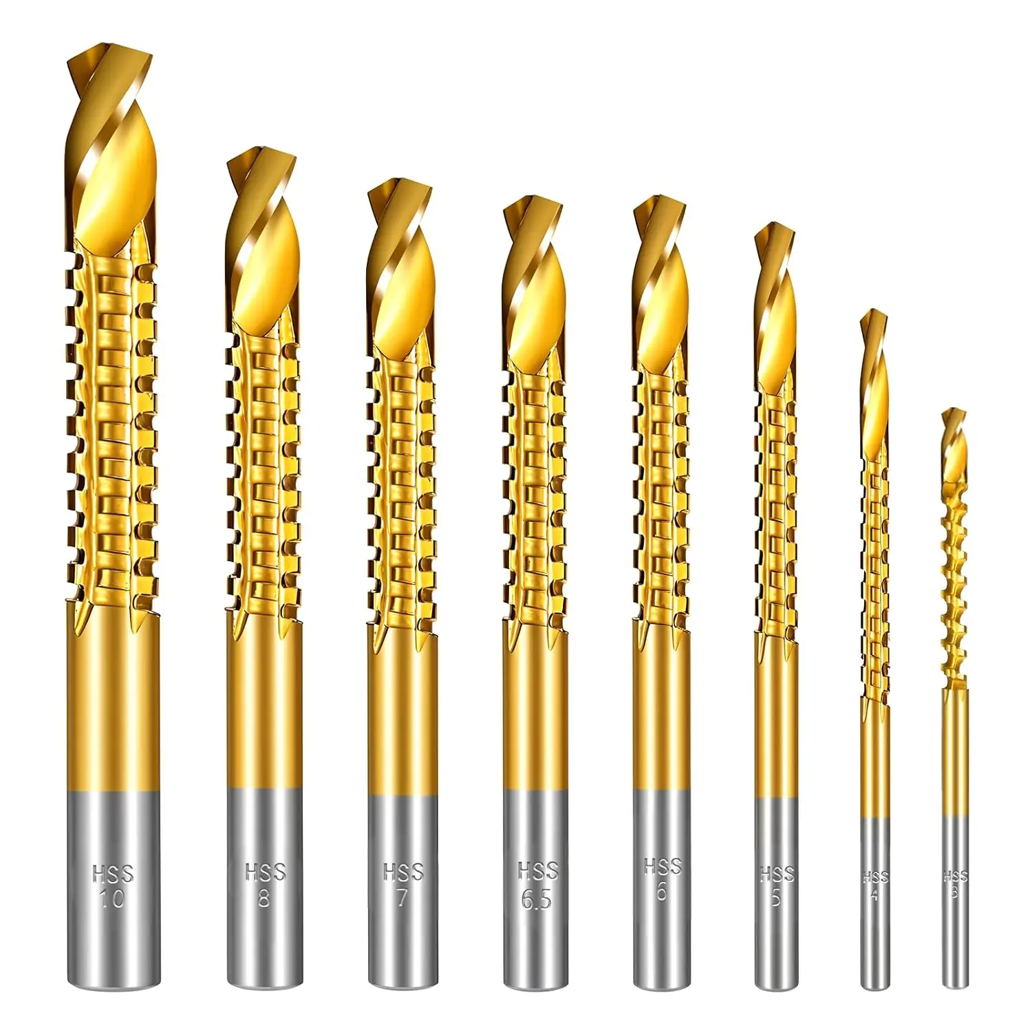 8 Pack Titanium Coated HSS Twist Drill Bits, 3-10mm Serrated Side Cutting Drill Bit, Hex Shank Serrated Cutting Drill Bits, Drill Bit Woodworking Tools, Hole Holesaw Tool Plastic Metal Wood Hole