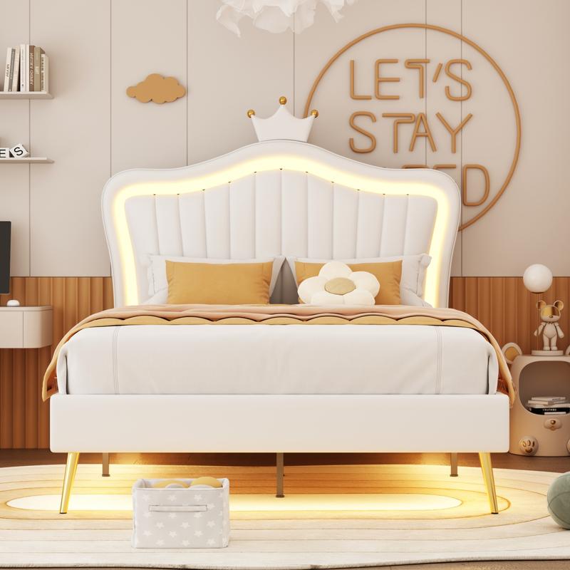 【Bellemave】Twin Size Upholstered Bed Frame with LED Lights,Modern Upholstered Princess Bed With Crown Headboard,White
