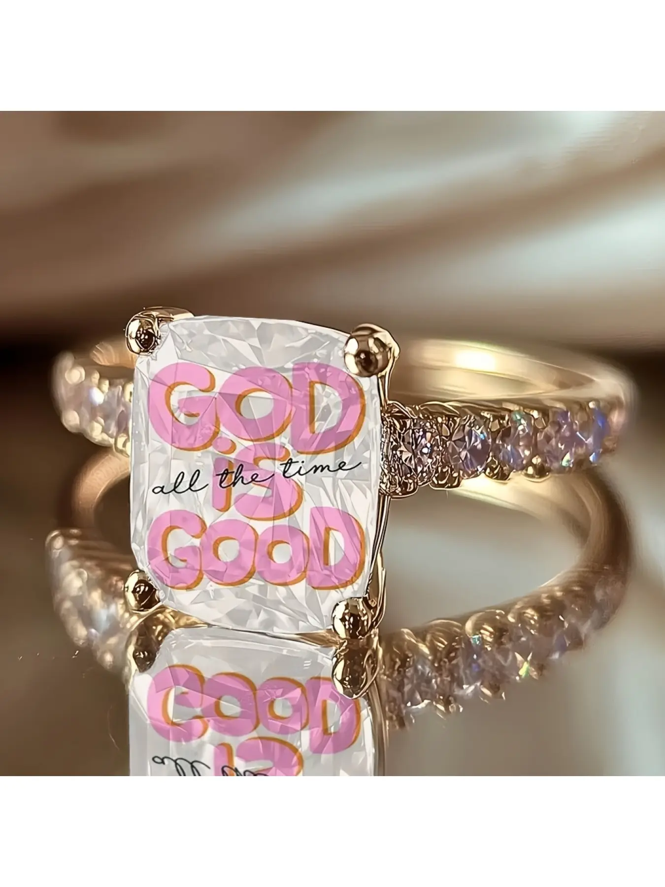 Retro pink lettered "God Is Good" faith text square ring with gilded full diamond ring shank, a Christian baptism gift jewelry for ladies