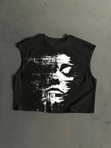 Men's Gothic Distressed Vest, Abstract Portrait Pattern, Asymmetrical Design, Soft Fabric, Casual Summer Layering Top