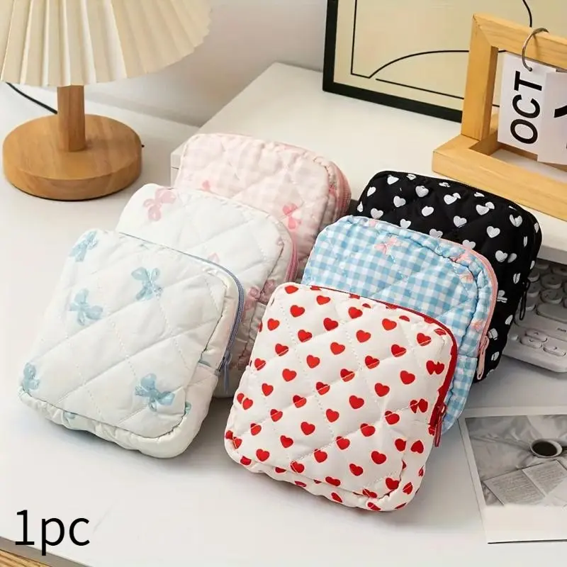 Classic Love Plaid Bag Multifunctional Bow Sanitary Napkin Storage Bag | Cosmetic Travel Bag, Cosmetics Bag, Cosmetic Bags, Skincare Bag, Women's Makeup Bag, Makeup Organizer Pouch, Charger Storage, Gift