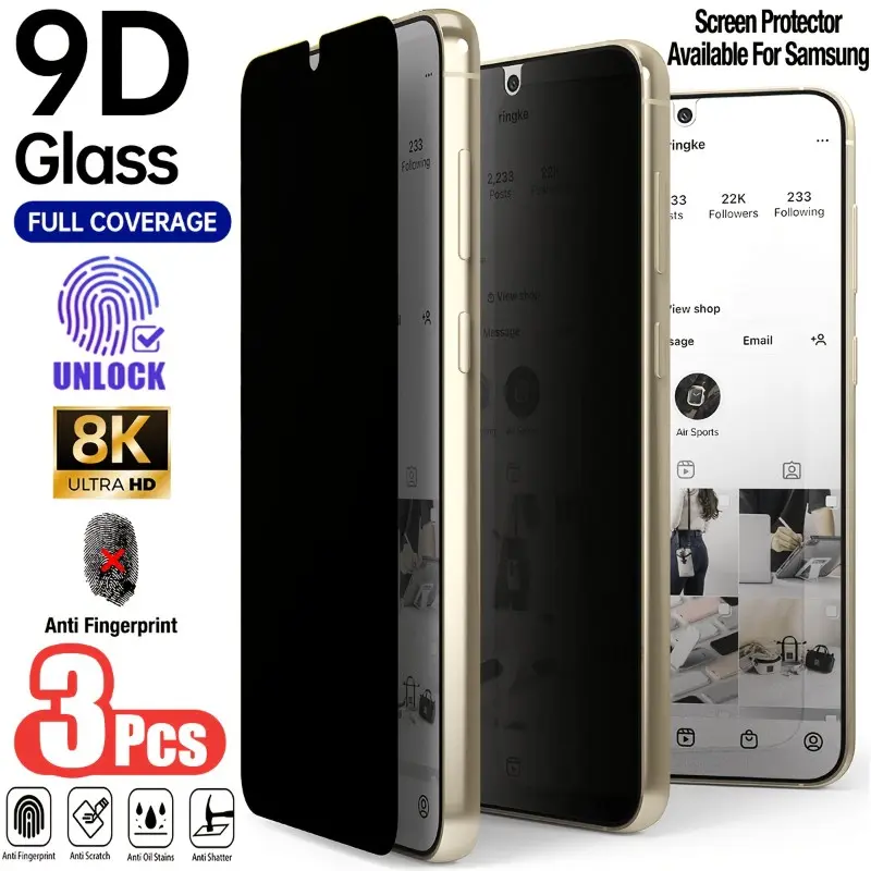 3pcs Privacy Tempered Glass Film Screen Protector for Samsung S26 S25 Ultra/S25 Edge/S25 FE/S25 Plus/S25/S24 Ultra/ S24 FE/S24 Plus/S24/S23 FE/ S23+/ S23/S22+/ S22/ S21+/S21, Anti-Fingerprint, Smooth Edges, Oil-Repellent, Office/outdoor Use