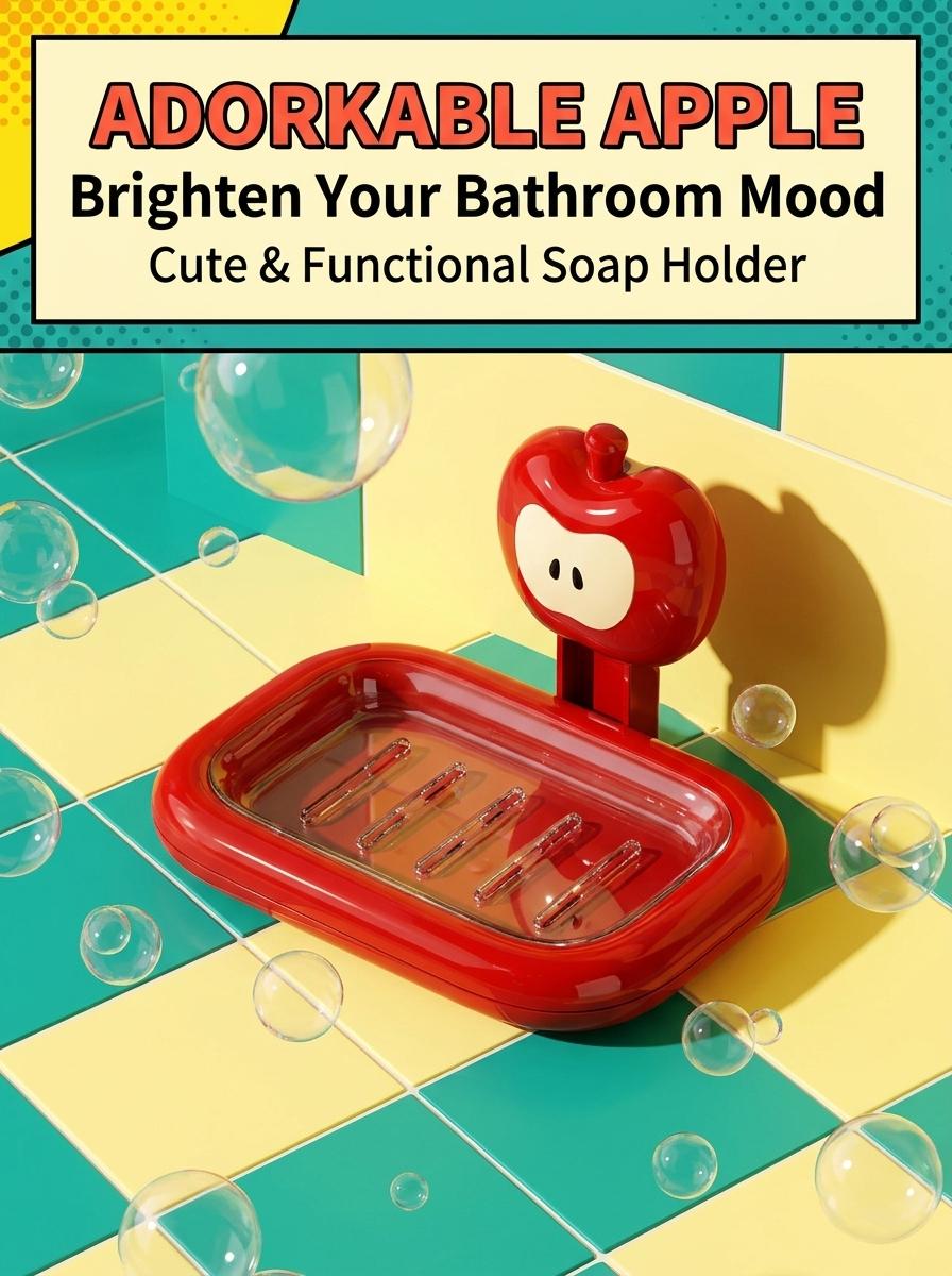Dopamine Cute Apple Suction Cup Soap Dish| No Drill Self Draining Soap Holder, Renter Friendly Bathroom Organizer for Shower Tub Sink