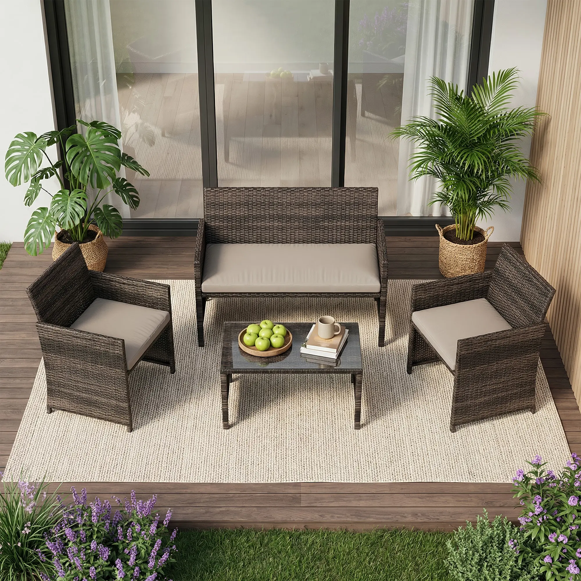 4-Piece Outdoor Patio Furniture Set – Wicker Bistro Sectional with Steel Frame & Cushions, Outdoor Conversation Set for Backyard, Garden, Balcony, Poolside
