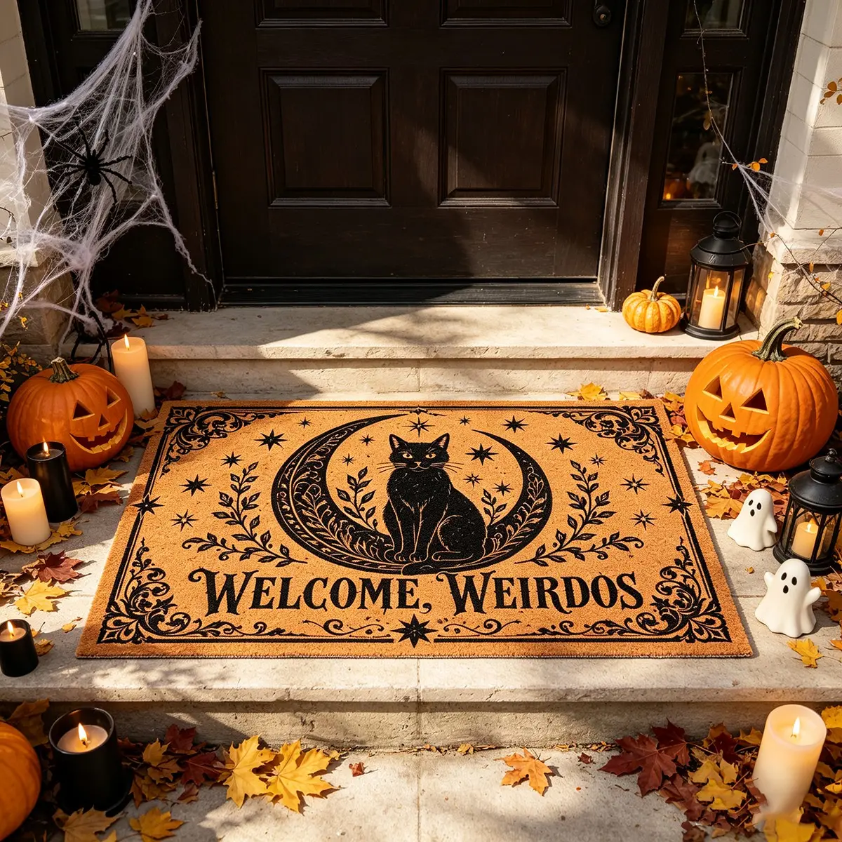 Halloween Entryway Doormat, "Welcome Weirdos" Black Cat Crescent Moon Star Vintage Print Rug, Gothic Witch Welcome Mat for Porch Halloween Home Decor