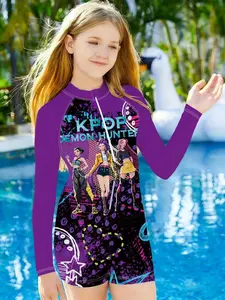 Girls' One-Piece Swimsuit Ink Splatter K-Pop Girl Group Print Beach Pool Quick-Dry Sun Protection Long Sleeve Sportswear