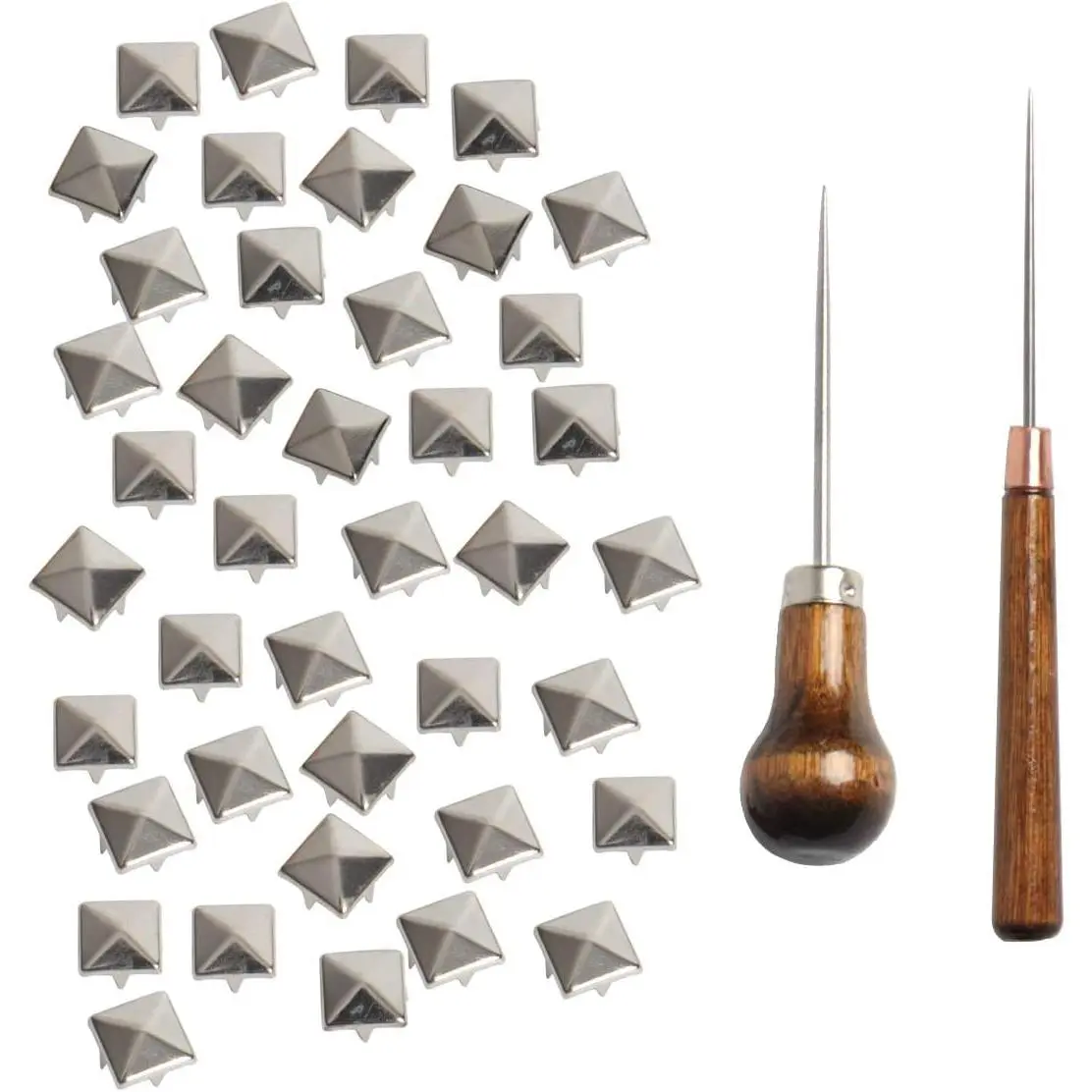 500 count 10mm Square Studs for Clothing  Pyramid Studs,Four-Jaw Stud Clothing Pyramid Stud with 2 Pack Awl Craft Tool