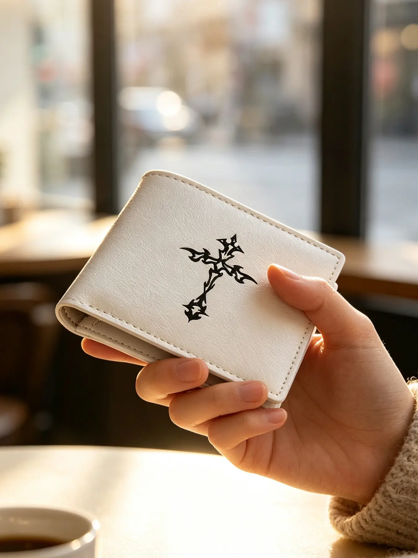 Gothic Metal Cross Themed Men's Bifold Wallet, Large Capacity Multi-Card Slots Purse, Niche Brand Accessory for Culture & Faith Enthusiasts, Ideal Present