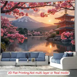 2D Panel, 1 Piece Large 2D Panel Banner Featuring Japanese Cherry Blossoms and Mount Fuji - Gorgeous Pink Cherry Blossoms, Red Pagoda and Blue Sky Wall Art, Suitable for Weddings, Parties, Home Decoration - Non-electric Polyester Fabric Background, Suitab
