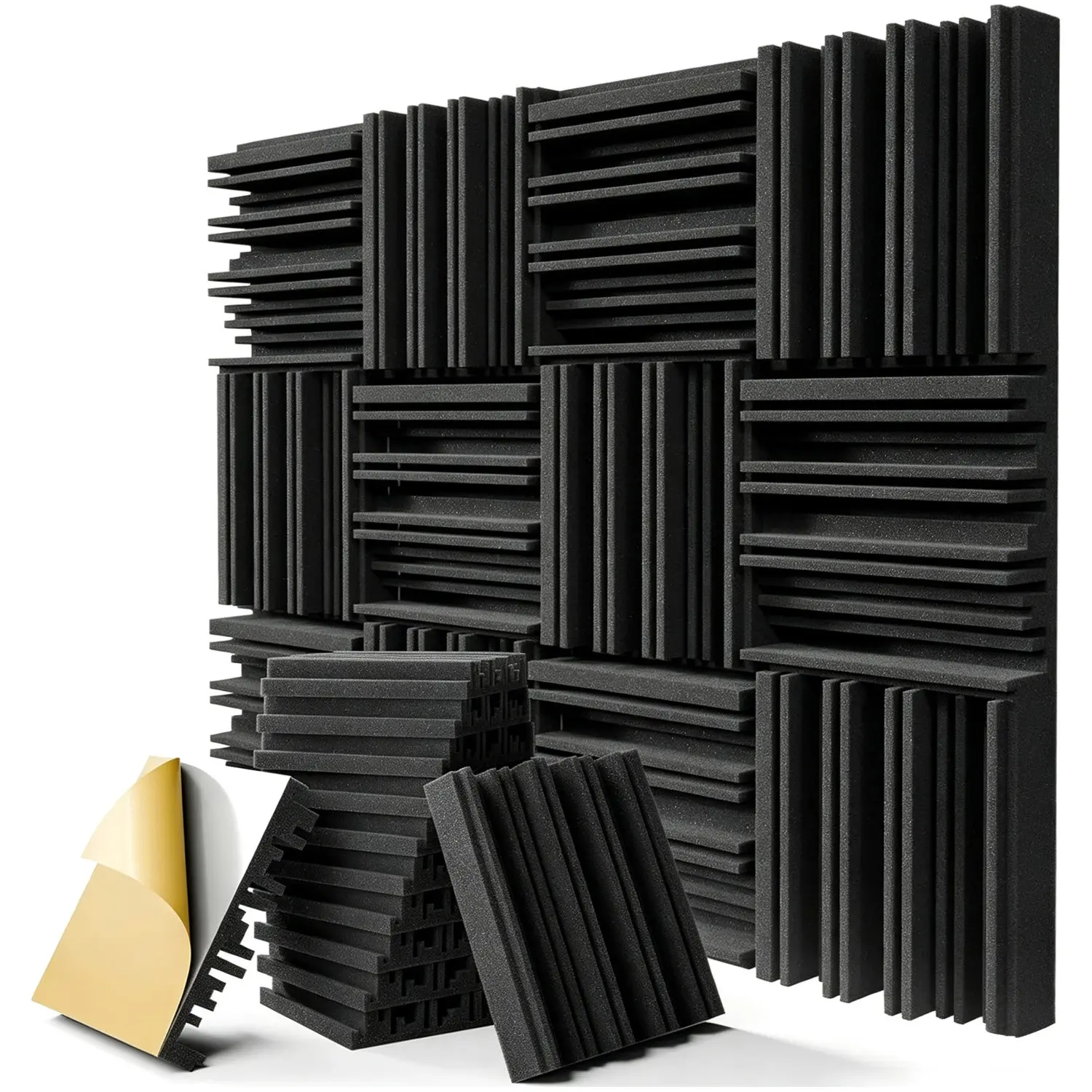 12/24Pcs Black Self-Adhesive Acoustic Foam Panels 30×30×5cm Groove Quick Rebound Sound Absorbing Foam For Wall Ceiling Reduce Echo Noise Decor Wall Panels For Recording Studio Home Theater Game Room Sound Insulation Material
