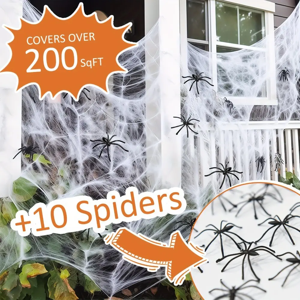 200 Sqft Halloween Spider Web Decoration, Includes 10 Fake Spiders, Super Elastic Spider Net, Ideal for Indoor Outdoor Party Supplies