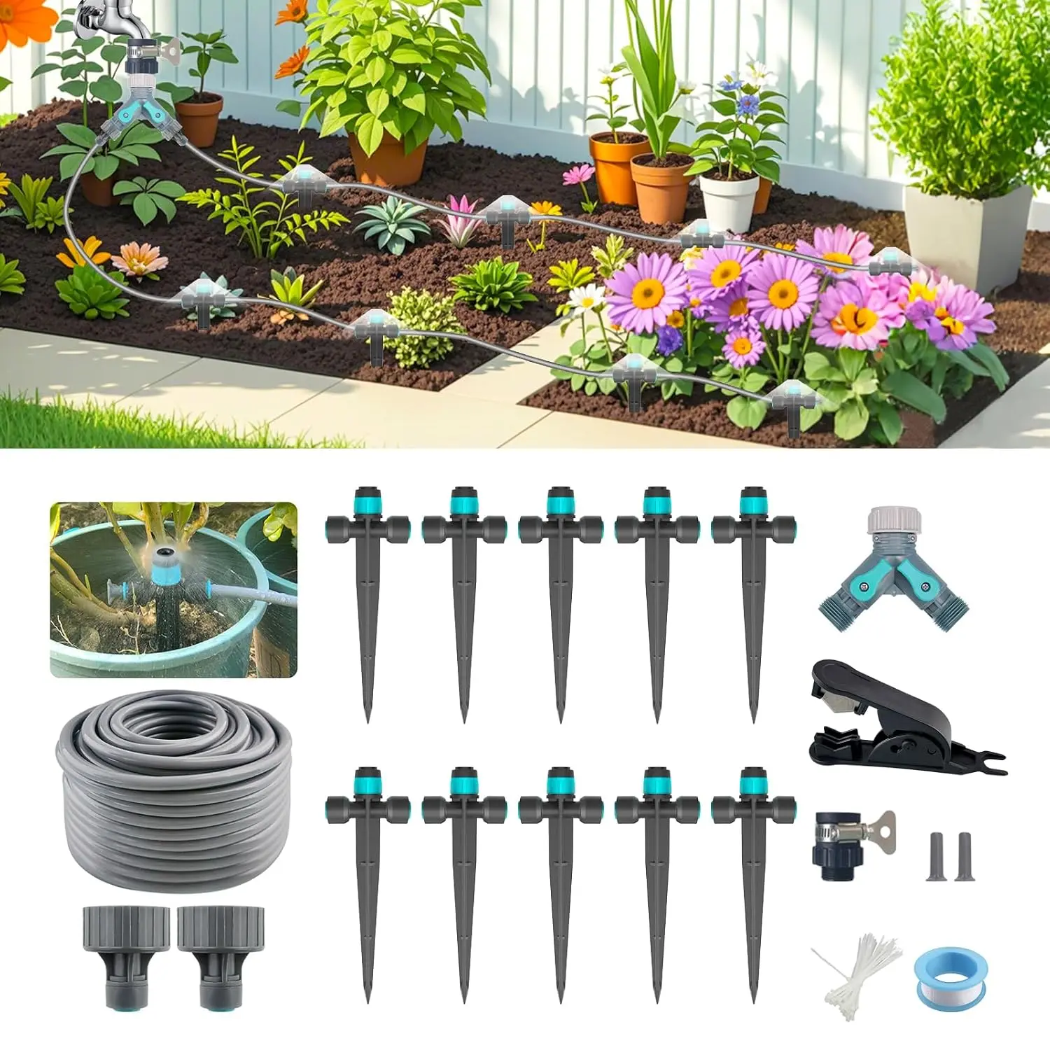 Drip Irrigation System, Automatic Drip Irrigation Kit for Potted , 33ft Quick Connector Garden Watering System with 6mm Irrigation Tubing Hose Adjustable Emitters