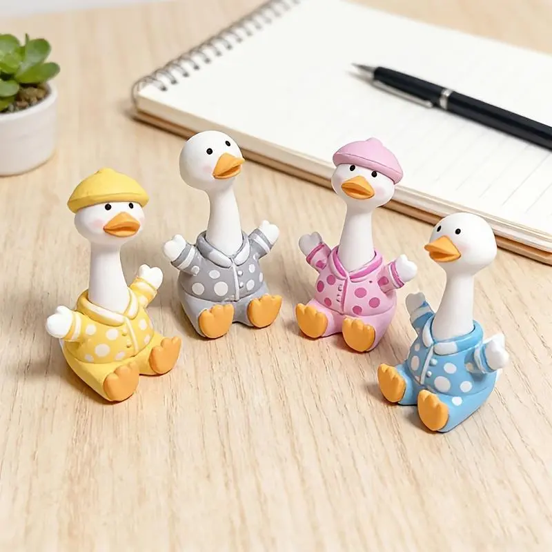 4Pcs Tiny Cute Happy Duck Figurine Set, 1.77×1.3 Inch Mini Duck Sculptures, Car Dashboard Ornament, Home & Office Tabletop Decor, Adorable Micro‑Landscape Decoration, Lovely Holiday Gift