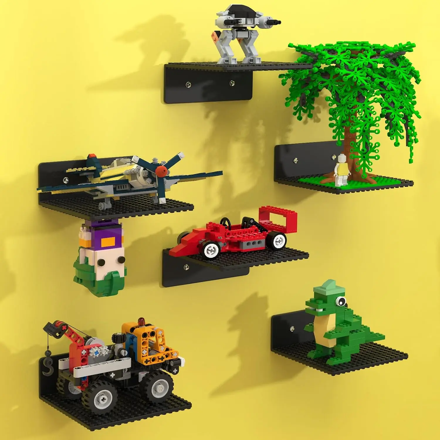 6-Pack Floating Shelves for Wall Compatible with  Building Bricks, 5x5.5inch ‑Sided 16x17 Studs for  Brick Storage and Display, ABS Display Shelves for Room Decor, Black