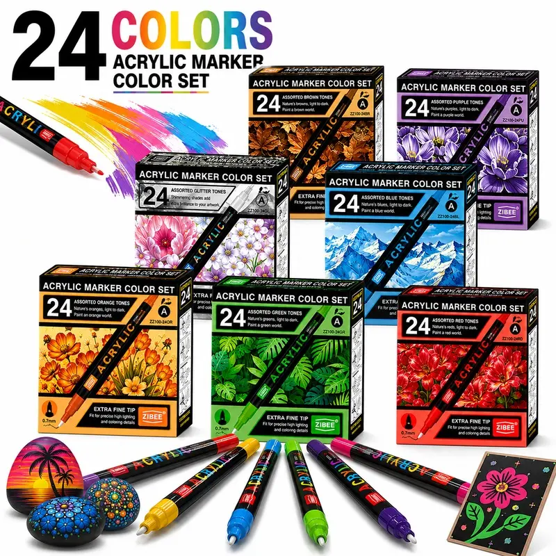 24 Colors Acrylic Paint Markers, 7 Assorted Color Themes, 0.7mm Fine Tip Acrylic Pens, Quick Dry Water-Based Paint Markers for Canvas, Wood, Glass, Ceramic and Stone, Liquid Acrylic Markers