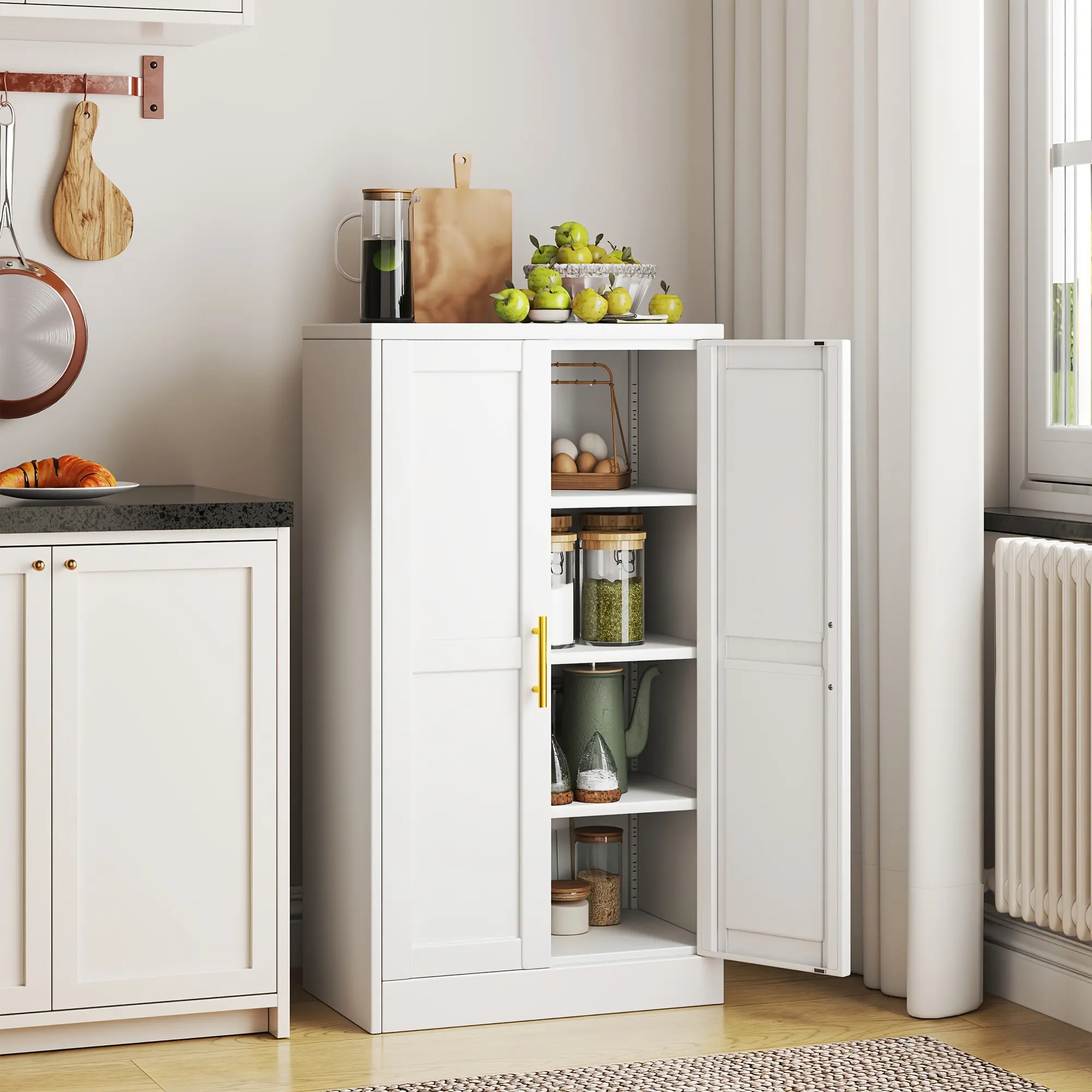 Utility Two Doors Modern Metal Storage Freestanding Cabinet with Adjustable Foot, Kitchen Pantry Sideboard Cabinet with 3 Adjustable Shelves for Kitchen, Laundry Room, Bathroom, Living Room and Dinning Room