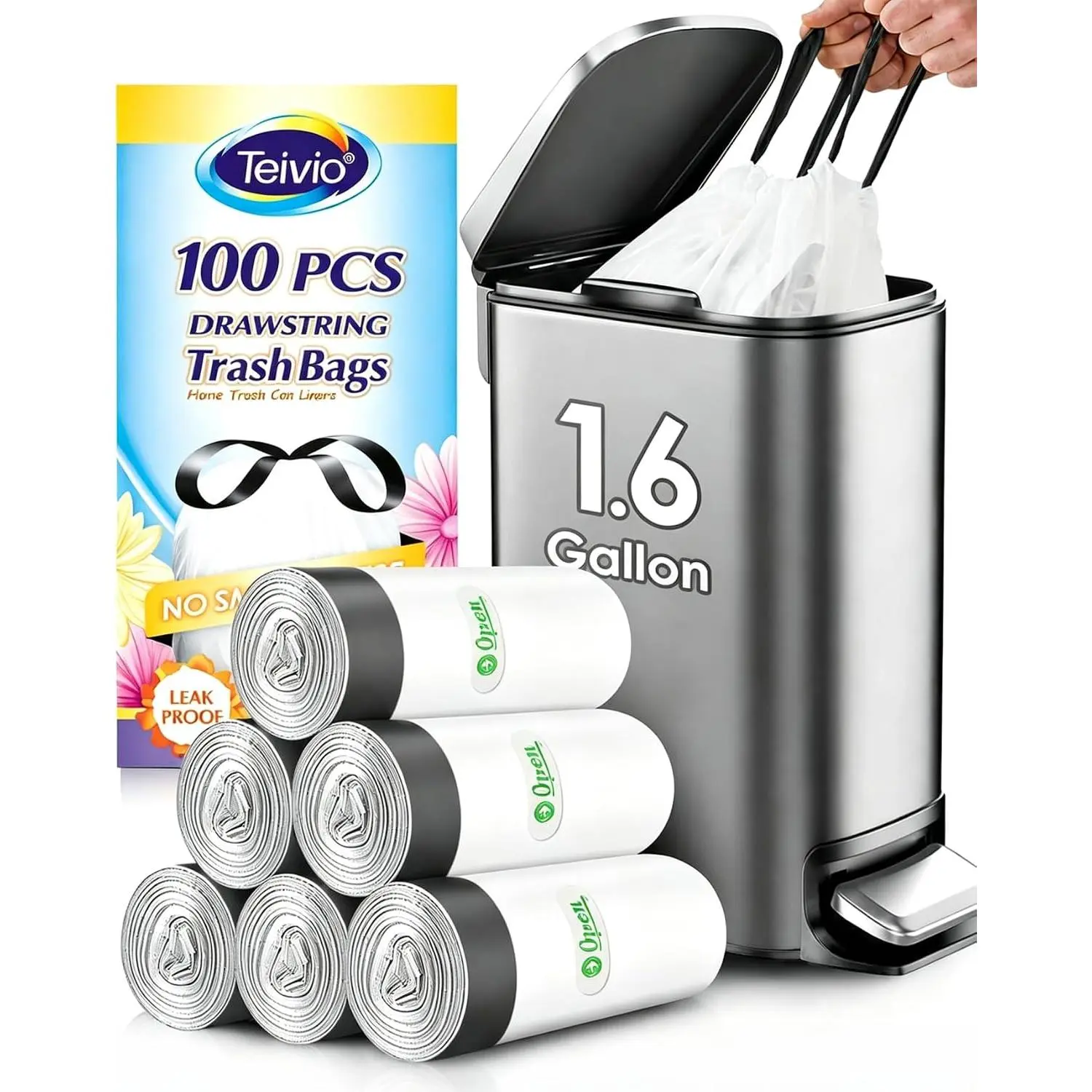 100 Count Small Trash Bags with Drawstring, 1.6 Gallon Mini Garbage Bags, Leak Resistant Wastebasket Liners for Bathroom Bedroom Office Kitchen, Easy Tie & Carry Trash Can Bags