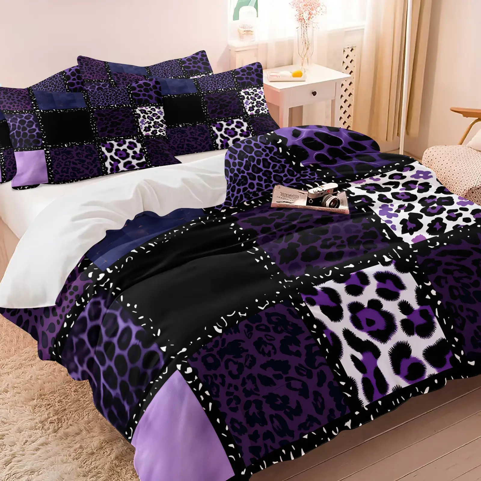 Sweet Cool Y2K Leopard Print Duvet Cover Set, Includes 1 Or 2 Pillowcases, Plaid Spliced Purple Leopard Print, Trendy Spicy Girl, Soft Washable Wrinkle-Resistant Fabric, For Teen Girl Bedrooms & Stylish Personalized Rooms